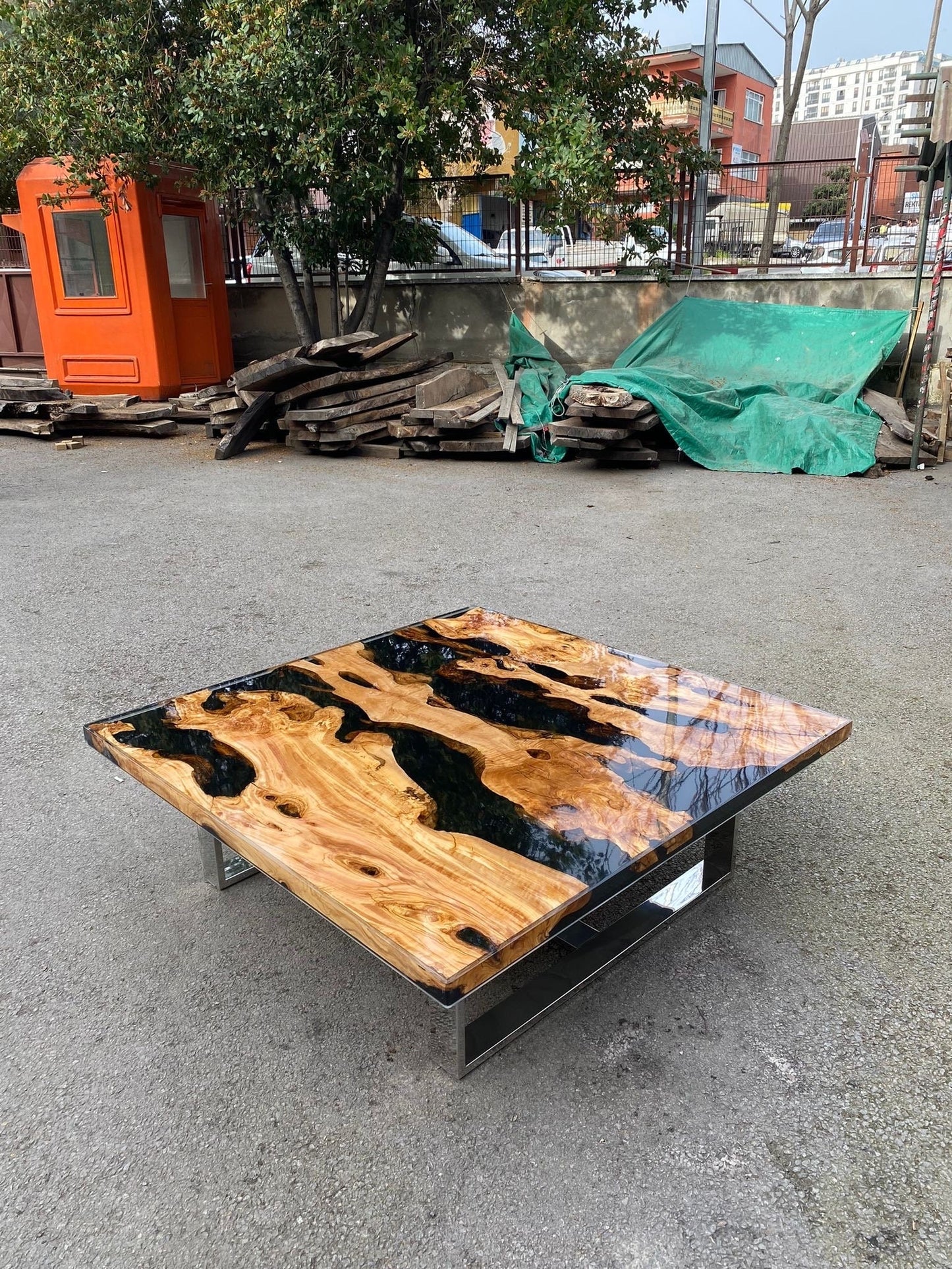 Epoxy Coffee Table, Olive Wood Coffee Table, Custom 50” x 50" Olive Wood Black Epoxy Table, Custom Order for Lauren Tp