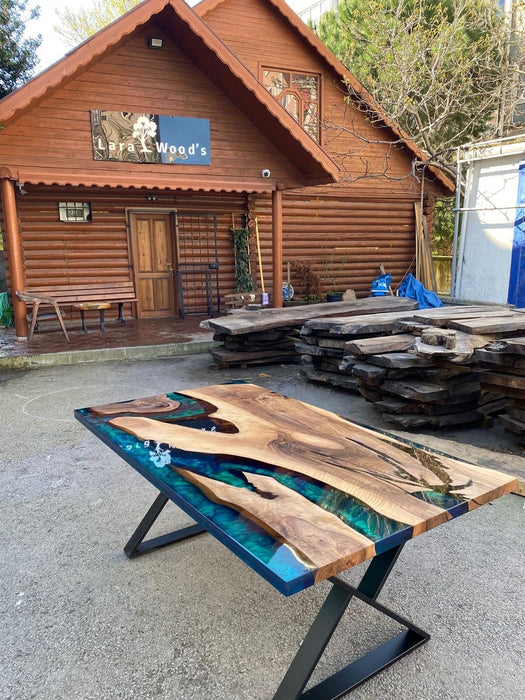 Walnut Dining Table, Custom 72” x 40” Walnut Deep Ocean Turquoise Green Table, Epoxy River Dining Table, Order for Morgan