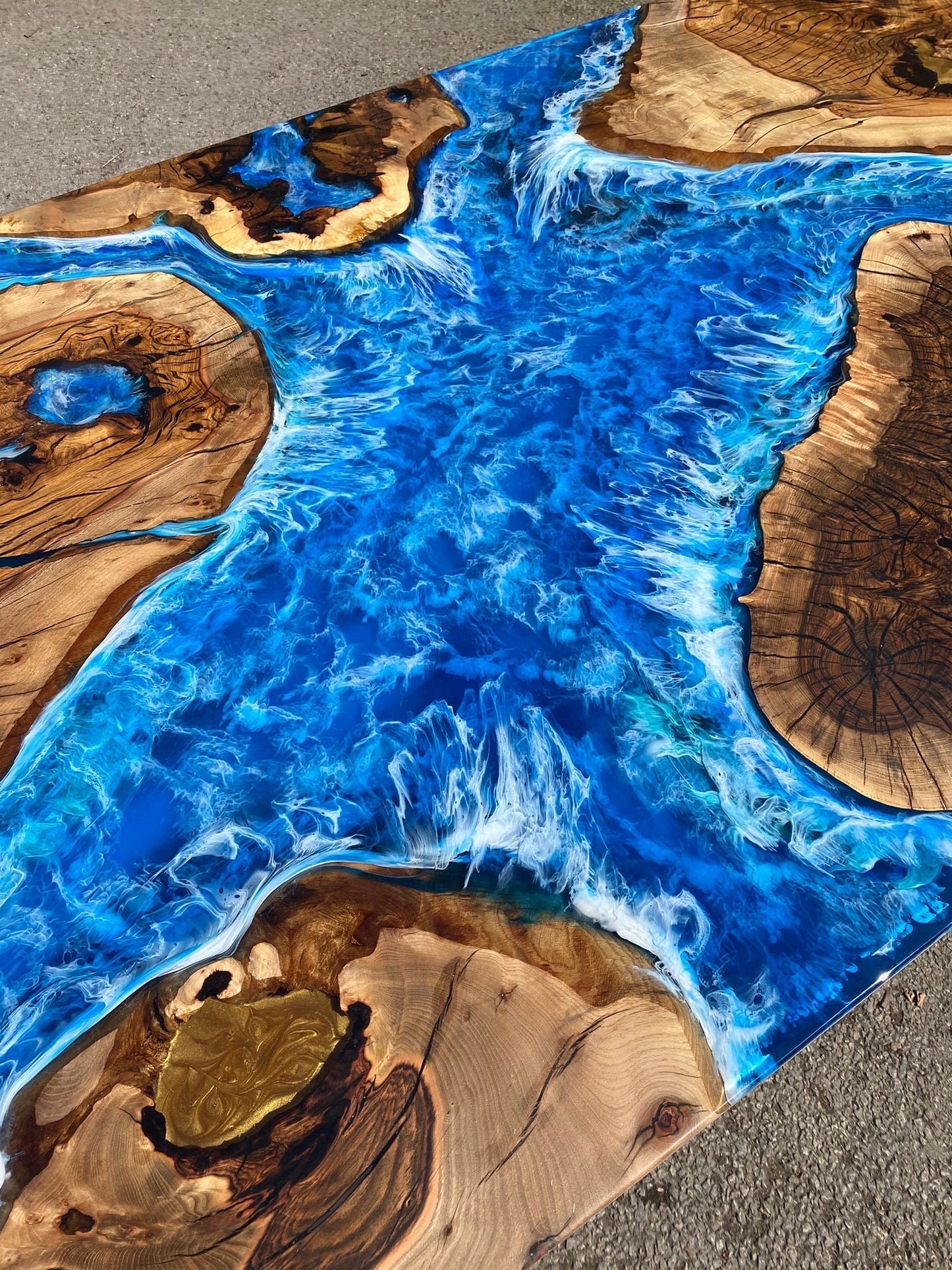 Epoxy Table, Epoxy Dining Table, Ocean Table, Custom 96” x 44” Hackberry Ocean Blue, Turquoise White Waves Epoxy River Table Order for Ans 2