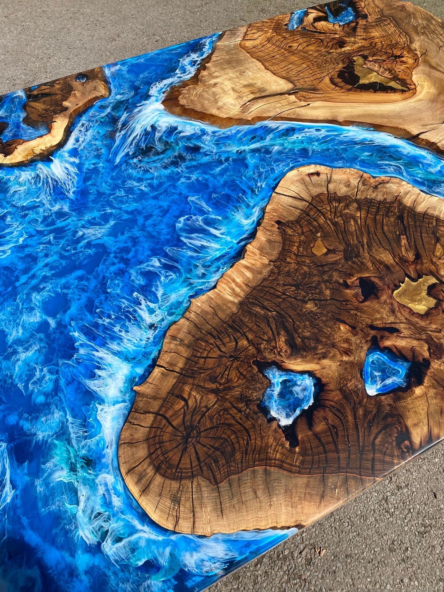 Epoxy Table, Epoxy Dining Table, Ocean Table, Custom 96” x 44” Hackberry Ocean Blue, Turquoise White Waves Epoxy River Table Order for Ans 2