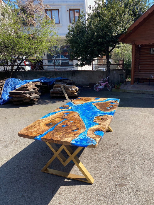 Epoxy Table, Epoxy Dining Table, Ocean Table, Custom 96” x 44” Hackberry Ocean Blue, Turquoise White Waves Epoxy River Table Order for Ans 2