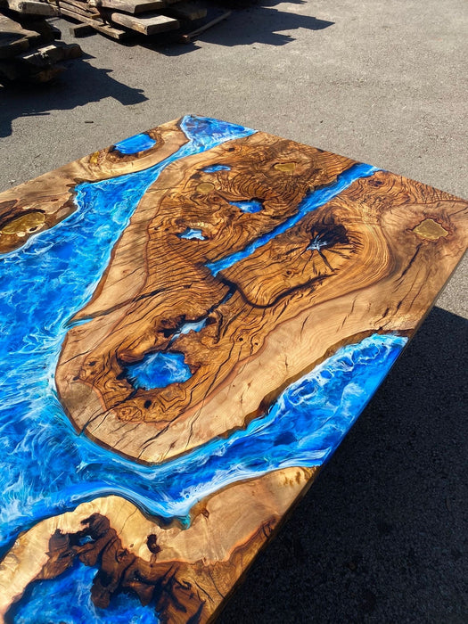 Epoxy Table, Epoxy Dining Table, Ocean Table, Custom 96” x 44” Hackberry Ocean Blue, Turquoise White Waves Epoxy River Table Order for Ans 2