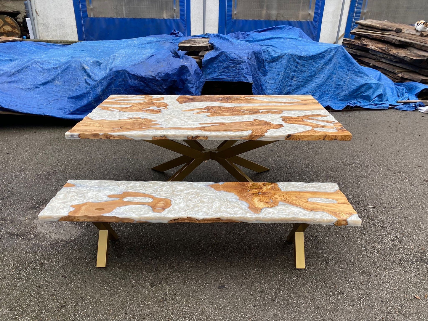 Custom 78” x 44" Olive Wood Epoxy Table, Olive Wood Table, Pearl Epoxy Resin Dining Table, Live Edge White Table, Made to Order for Ans 1