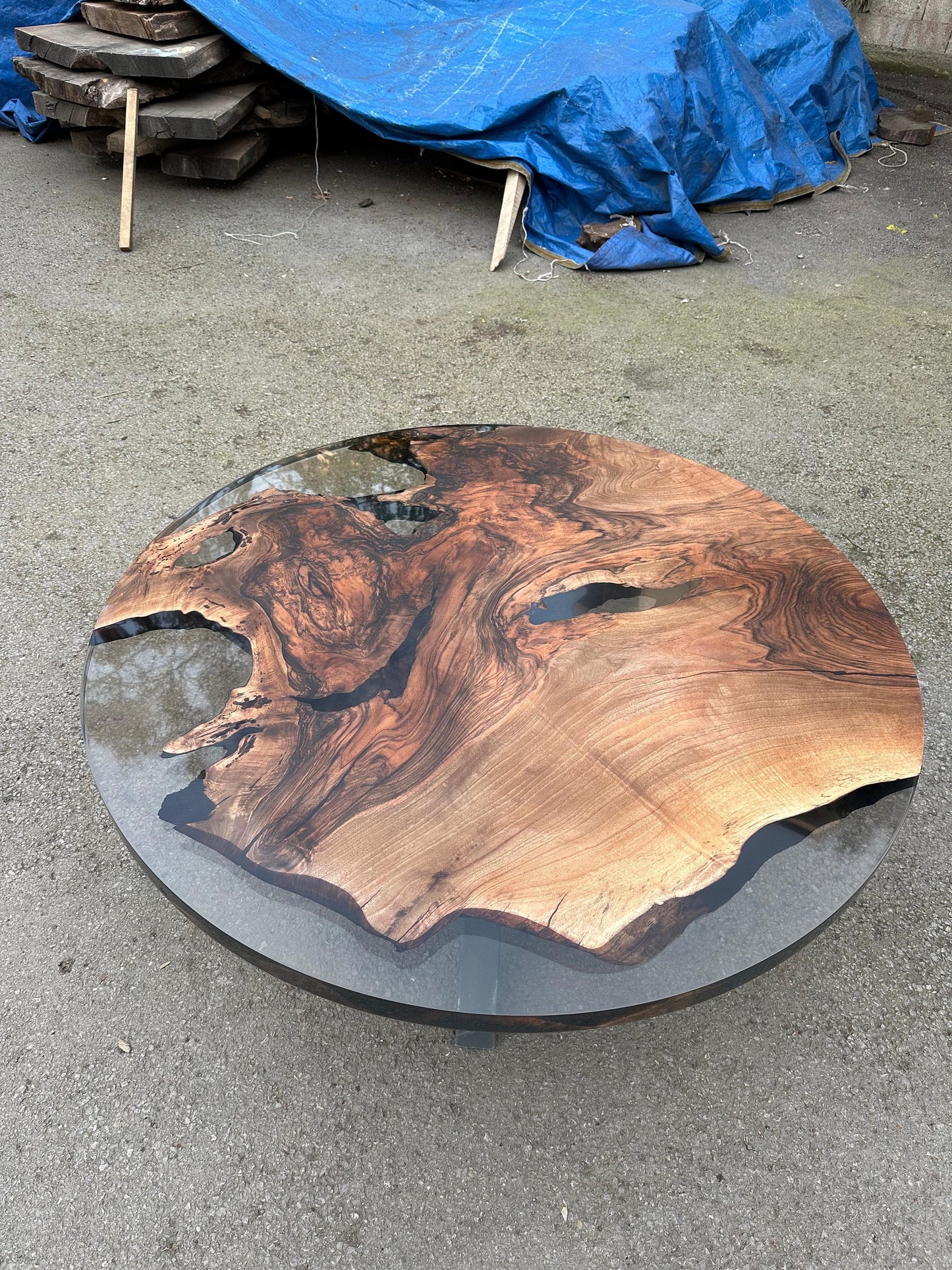 Epoxy Coffee Table, Epoxy Resin Coffee Table, Custom 48” Diameter Round Walnut Smokey Gray Epoxy Table Order for Tampa