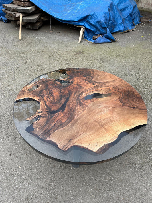 Epoxy Coffee Table, Epoxy Resin Coffee Table, Custom 48” Diameter Round Walnut Smokey Gray Epoxy Table Order for Tampa