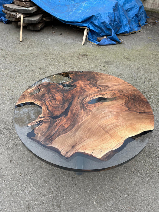 Epoxy Coffee Table, Epoxy Resin Coffee Table, Custom 48” Diameter Round Walnut Smokey Gray Epoxy Table Order for Valerie L