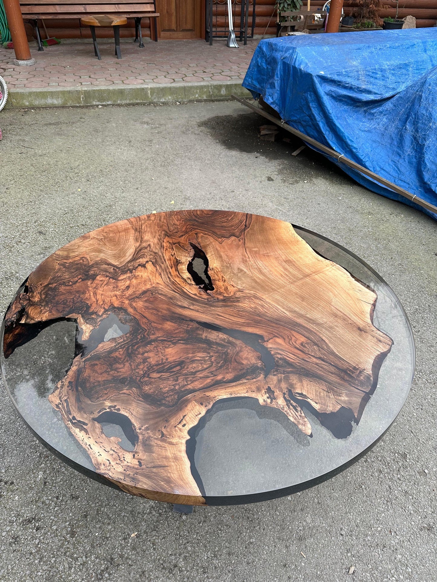 Epoxy Coffee Table, Epoxy Resin Coffee Table, Custom 48” Diameter Round Walnut Smokey Gray Epoxy Table Order for Tampa