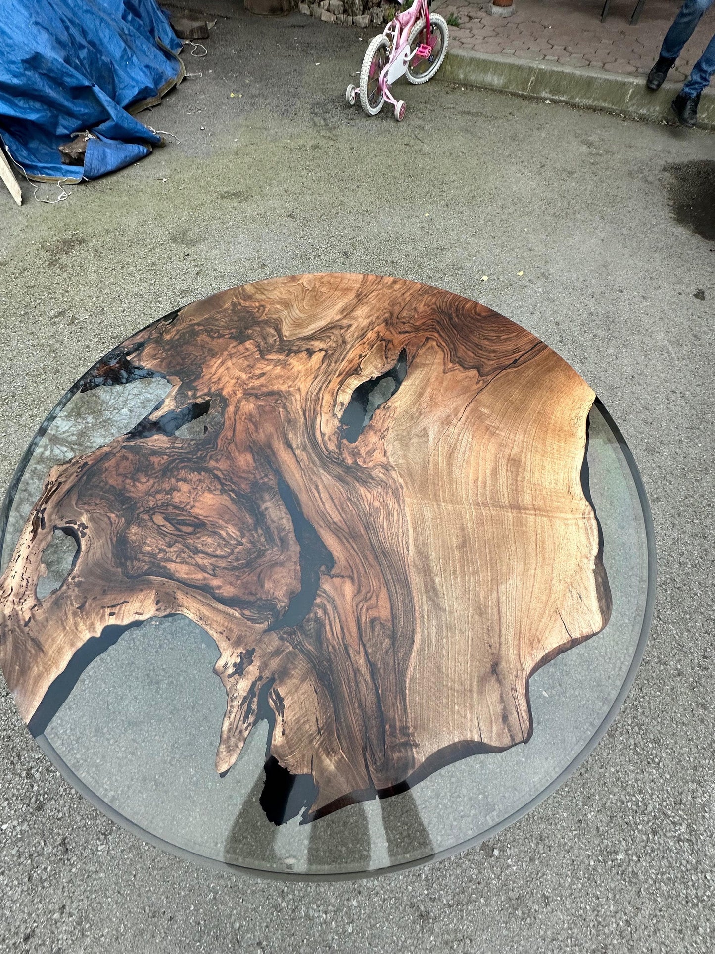 Epoxy Coffee Table, Epoxy Resin Coffee Table, Custom 48” Diameter Round Walnut Smokey Gray Epoxy Table Order for Tampa