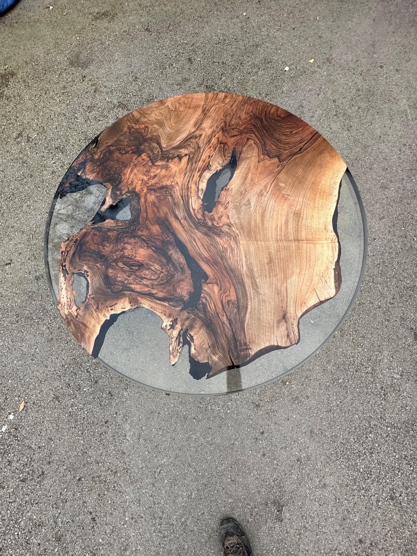 Epoxy Coffee Table, Epoxy Resin Coffee Table, Custom 48” Diameter Round Walnut Smokey Gray Epoxy Table Order for Tampa