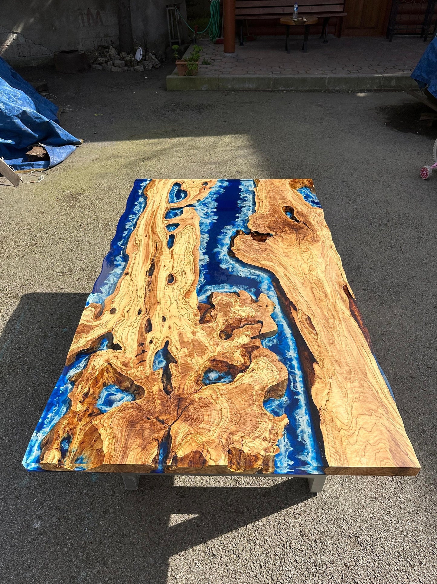 Olive Wood Epoxy Table, Custom 60” x 30” Olive Wood Table, Deep Blue and Turquoise Table, Epoxy Resin Table Order for Cathy