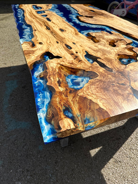 Olive Wood Epoxy Table, Custom 60” x 30” Olive Wood Table, Deep Blue and Turquoise Table, Epoxy Resin Table Order for Cathy