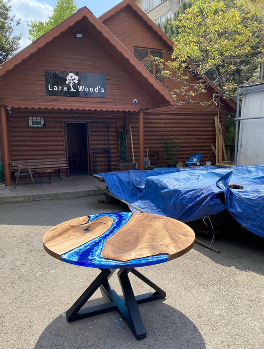 Round Dining Table, Custom 51” Diameter Round Walnut Wood Blue Table, Turquoise, White Waves Epoxy Dining Table, Order for Lisa G