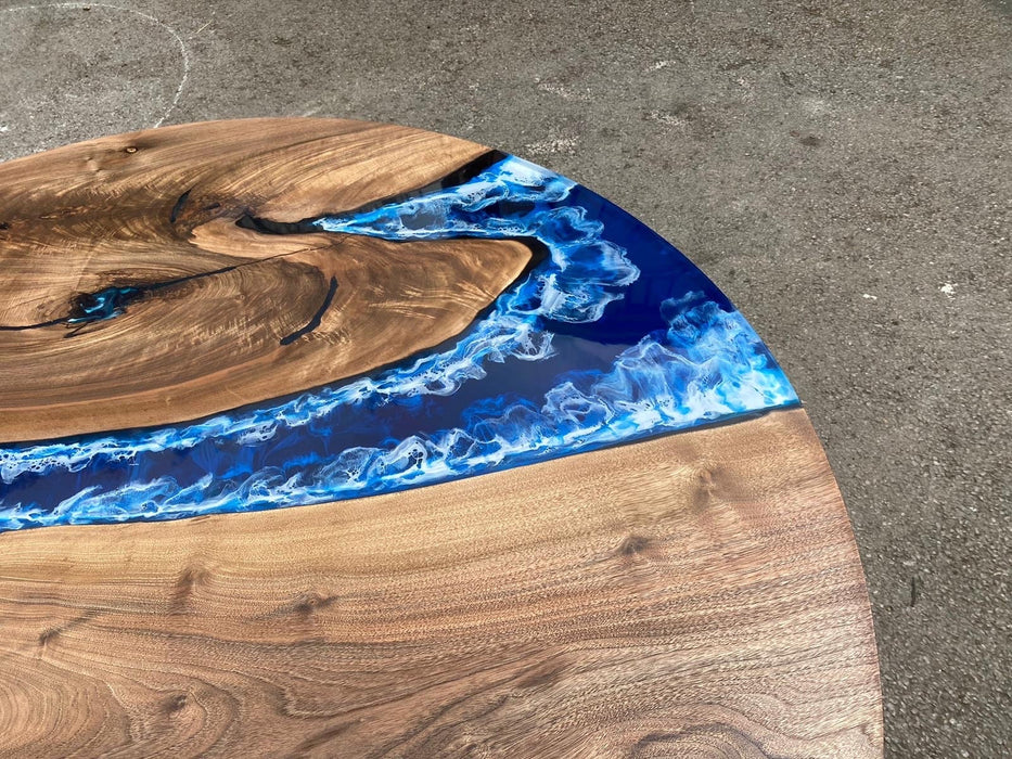 Round Dining Table, Custom 51” Diameter Round Walnut Wood Blue Table, Turquoise, White Waves Epoxy Dining Table, Order for Lisa G