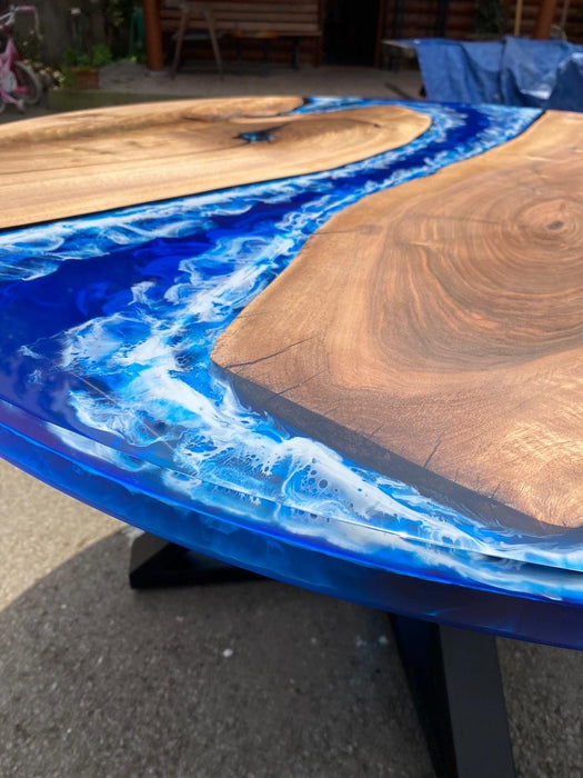 Round Dining Table, Custom 51” Diameter Round Walnut Wood Blue Table, Turquoise, White Waves Epoxy Dining Table, Order for Lisa G