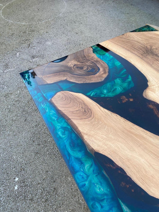 Walnut Dining Table, Custom 72” x 40” Walnut Deep Ocean Turquoise Green Table, Epoxy River Dining Table, Order for Morgan