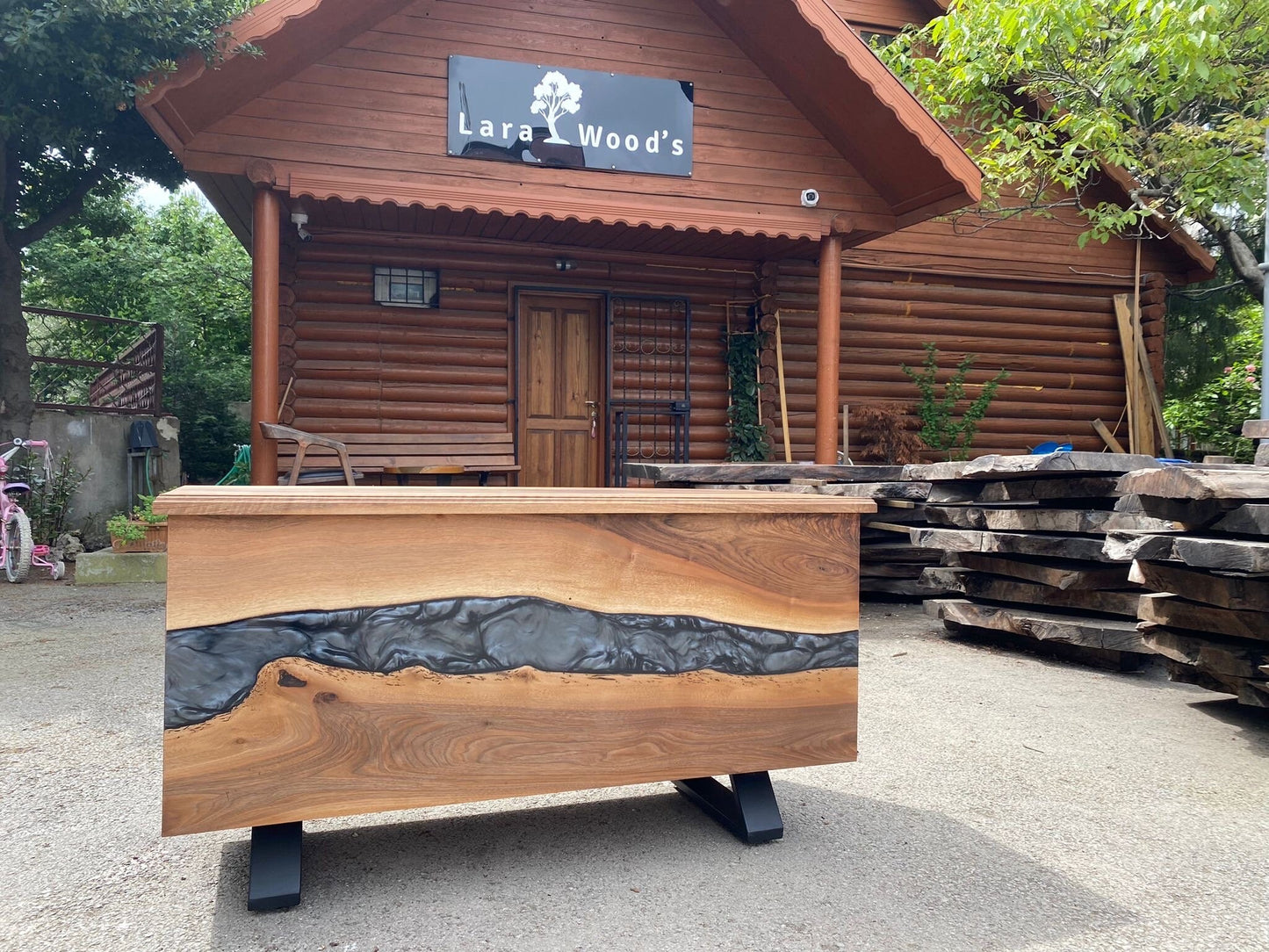 Made to Order Custom 48” x 20” x 26” Wood Gray Epoxy Resin Credenza, Walnut Epoxy Bedroom Bench, Epoxy Trunk for Ralph