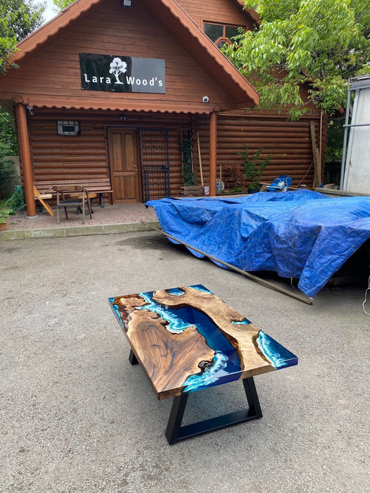 Handmade Epoxy Dining Table, Custom 50” x 30” Walnut Blue, Turquoise, Green Aquarium Epoxy Table, Epoxy Dining Table, Custom for Teaford