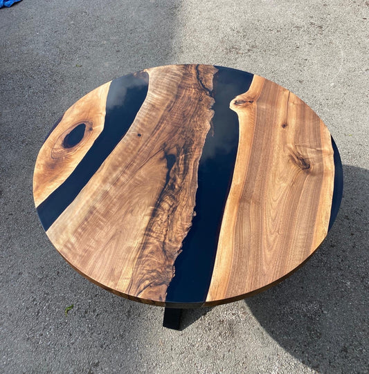 Epoxy Round Table, Epoxy Dining Table, Walnut Epoxy River Table, Custom 50” Round Walnut Wood Table, Black Epoxy Table, Order for Amy