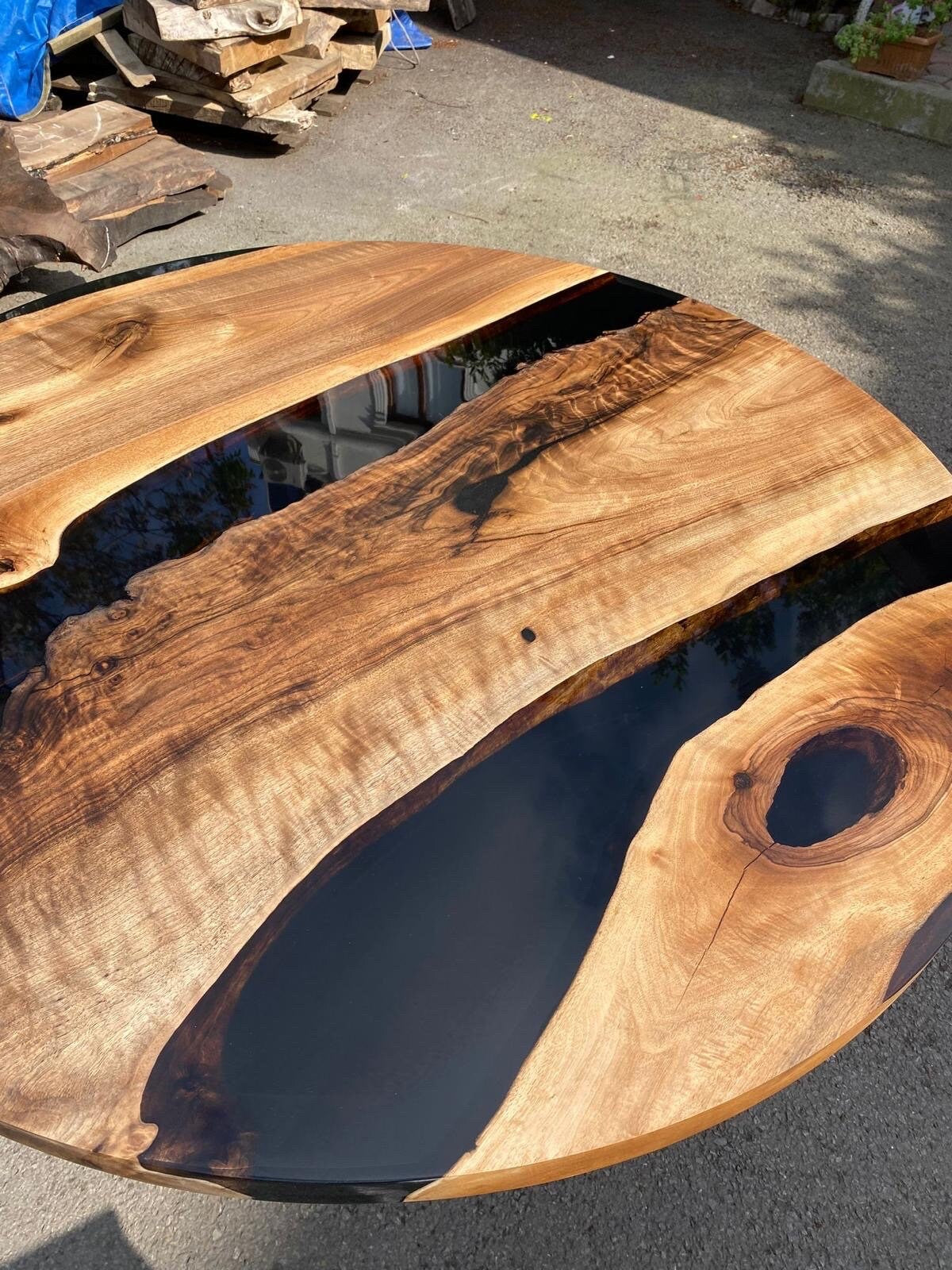 Epoxy Round Table, Epoxy Dining Table, Walnut Epoxy River Table, Custom 50” Round Walnut Wood Table, Black Epoxy Table, Order for Amy