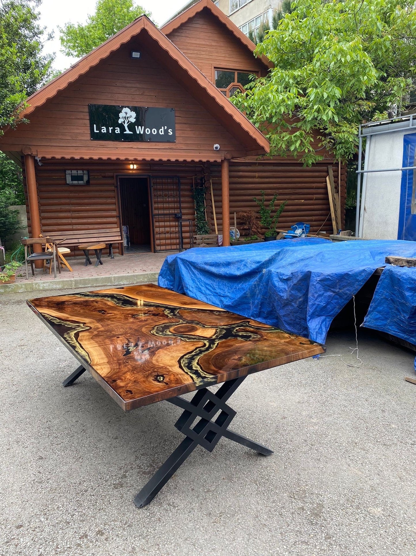 Gold Epoxy Table, Custom 96” x 48" Walnut Black Epoxy Shiny Table, Gold Leaf River Table, Gold Epoxy Dining Table, Custom Order for Cassie1