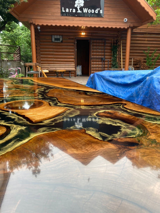 Gold Epoxy Table, Custom 96” x 48" Walnut Black Epoxy Shiny Table, Gold Leaf River Table, Gold Epoxy Dining Table, Custom Order for Cassie1