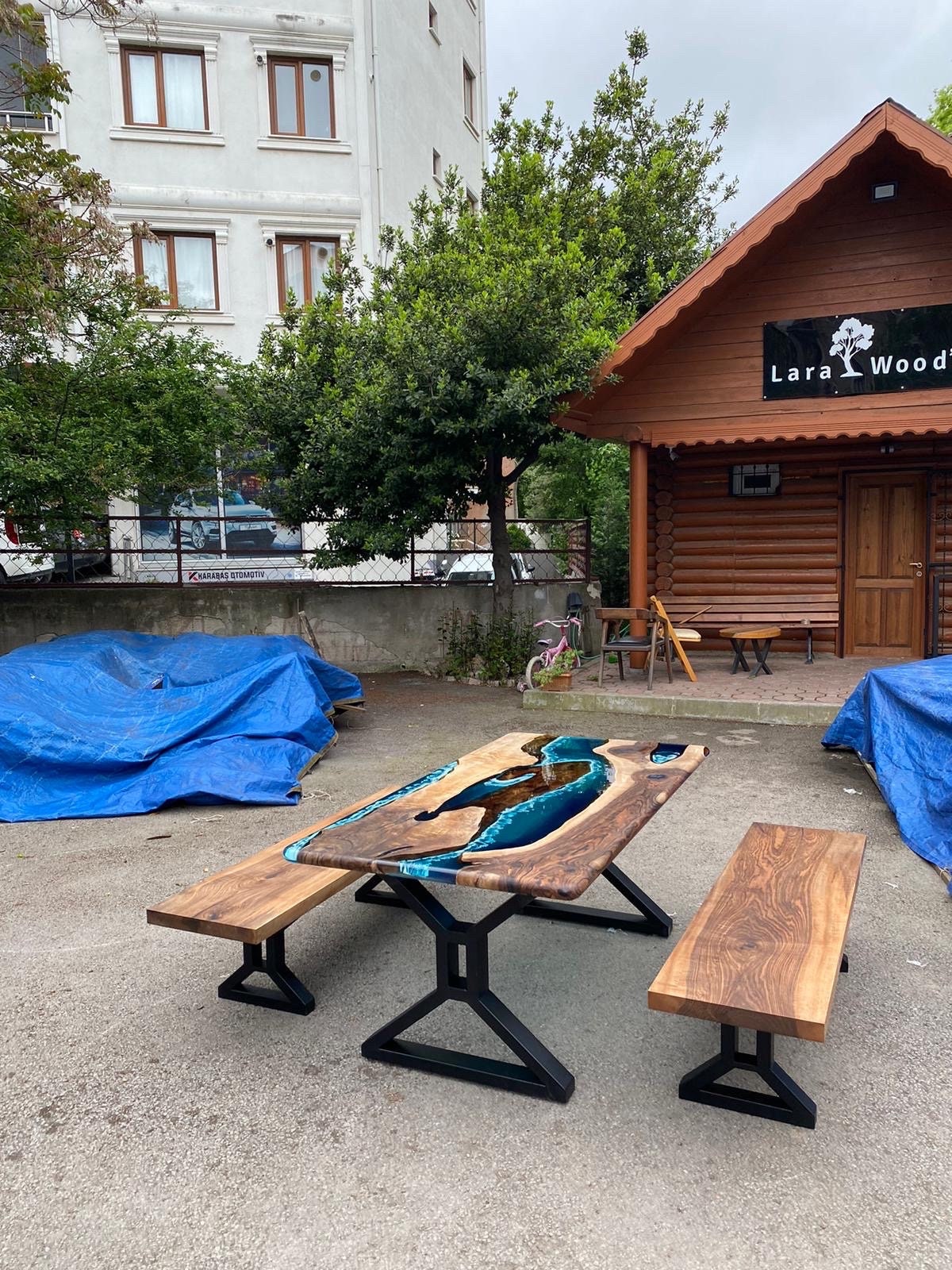 Epoxy Resin Table, Live Edge Table, Custom 72” x 36” Walnut Wood Blue and Teal, Turquoise, White Waves Epoxy Table order for Sharri