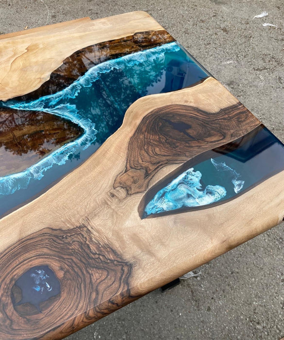 Epoxy Resin Table, Live Edge Table, Custom 72” x 36” Walnut Wood Blue and Teal, Turquoise, White Waves Epoxy Table order for Sharri