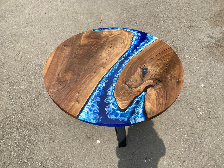 Round Dining Table, Custom 51” Diameter Round Walnut Wood Blue Table, Turquoise, White Waves Epoxy Dining Table, Order for Lisa G