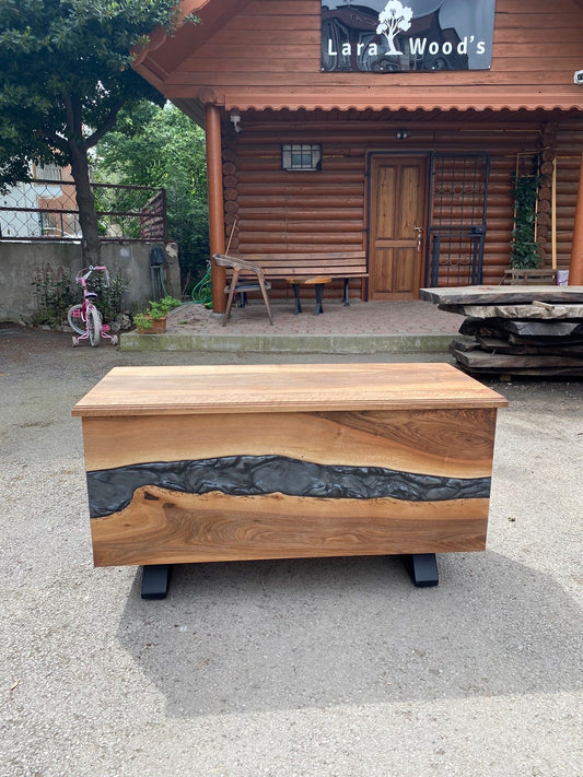 Made to Order Custom 48” x 20” x 26” Wood Gray Epoxy Resin Credenza, Walnut Epoxy Bedroom Bench, Epoxy Trunk for Ralph