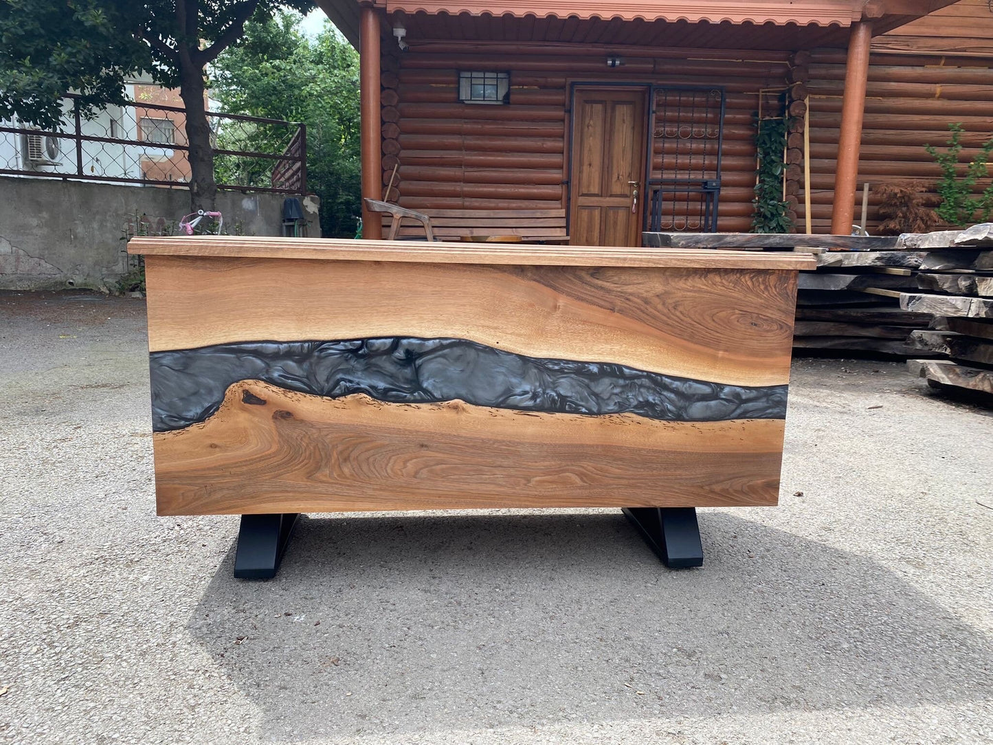 Made to Order Custom 48” x 20” x 26” Wood Gray Epoxy Resin Credenza, Walnut Epoxy Bedroom Bench, Epoxy Trunk for Ralph