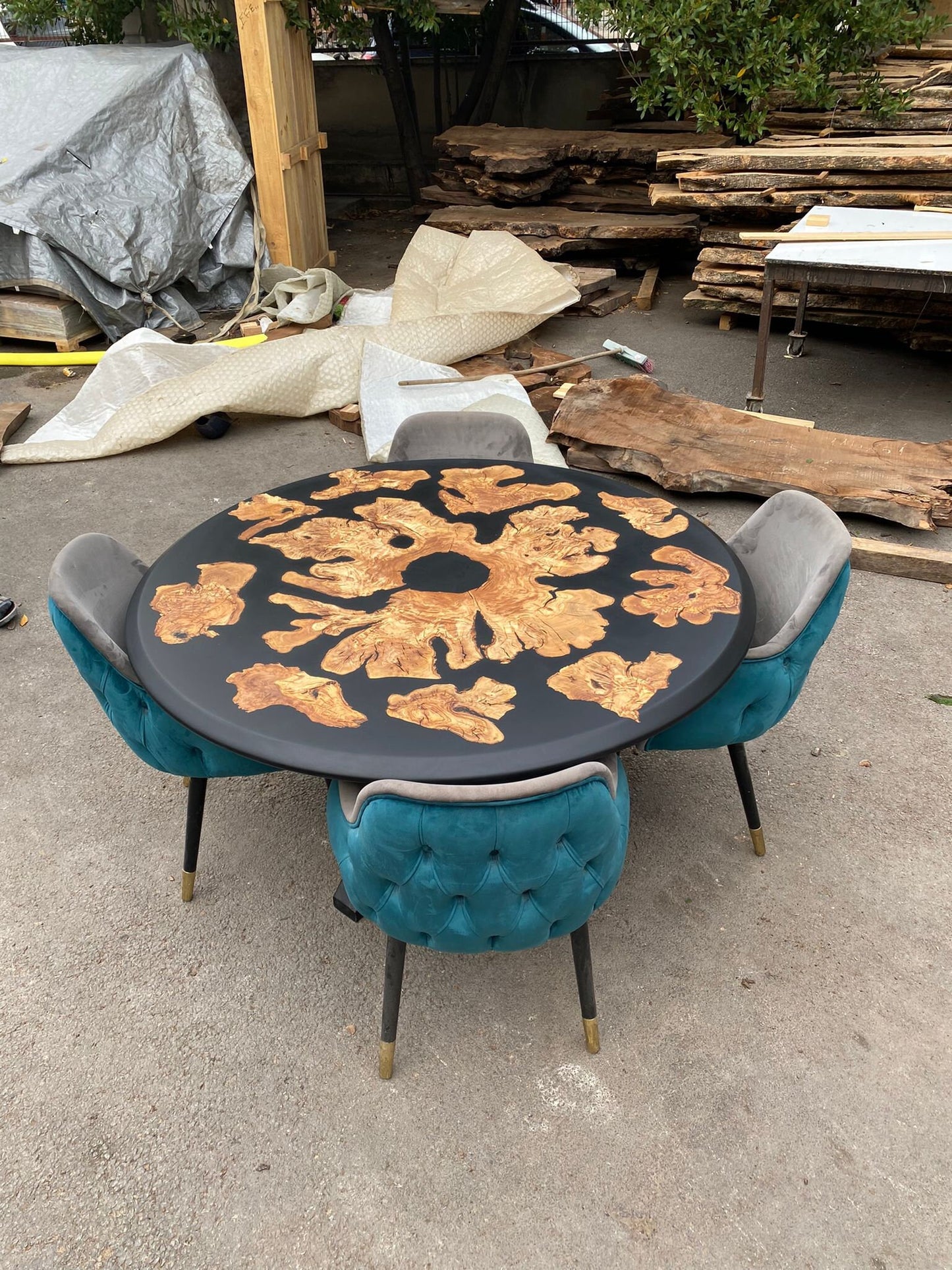 Olive Wood Epoxy Table, Custom 55” Diameter Round Table, Olive Wood Matte Black Epoxy Table, Epoxy Dining Table, Custom Order for Tampa