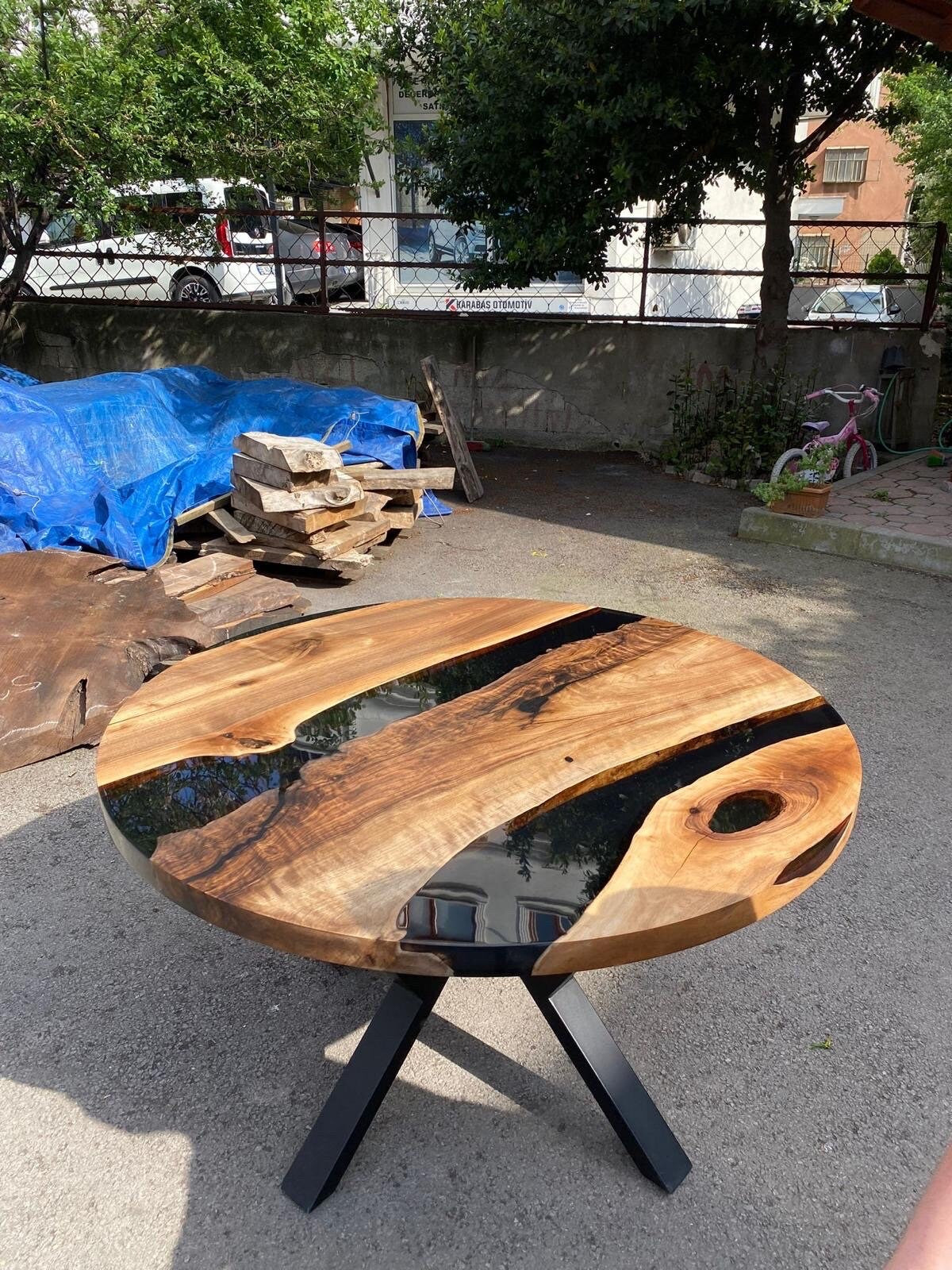 Epoxy Round Table, Epoxy Dining Table, Walnut Epoxy River Table, Custom 50” Round Walnut Wood Table, Black Epoxy Table, Order for Amy