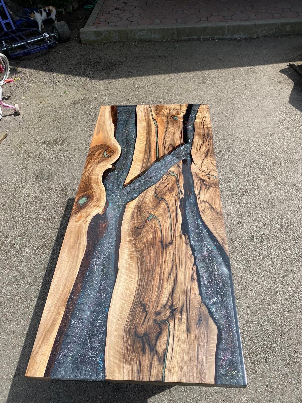 Glowing River Table, Custom 65” x 28” Walnut Smokey Gray Space Theme Table, Phosphorus Epoxy River Glowing Table Order for Sagar