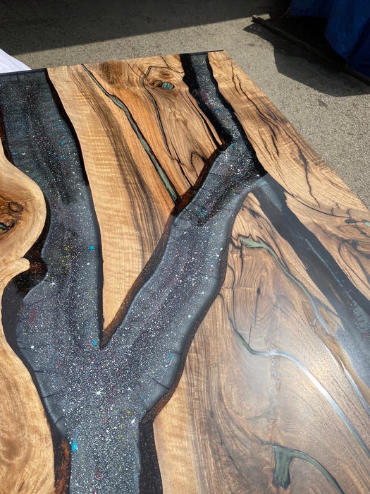 Glowing River Table, Custom 65” x 28” Walnut Smokey Gray Space Theme Table, Phosphorus Epoxy River Glowing Table Order for Sagar