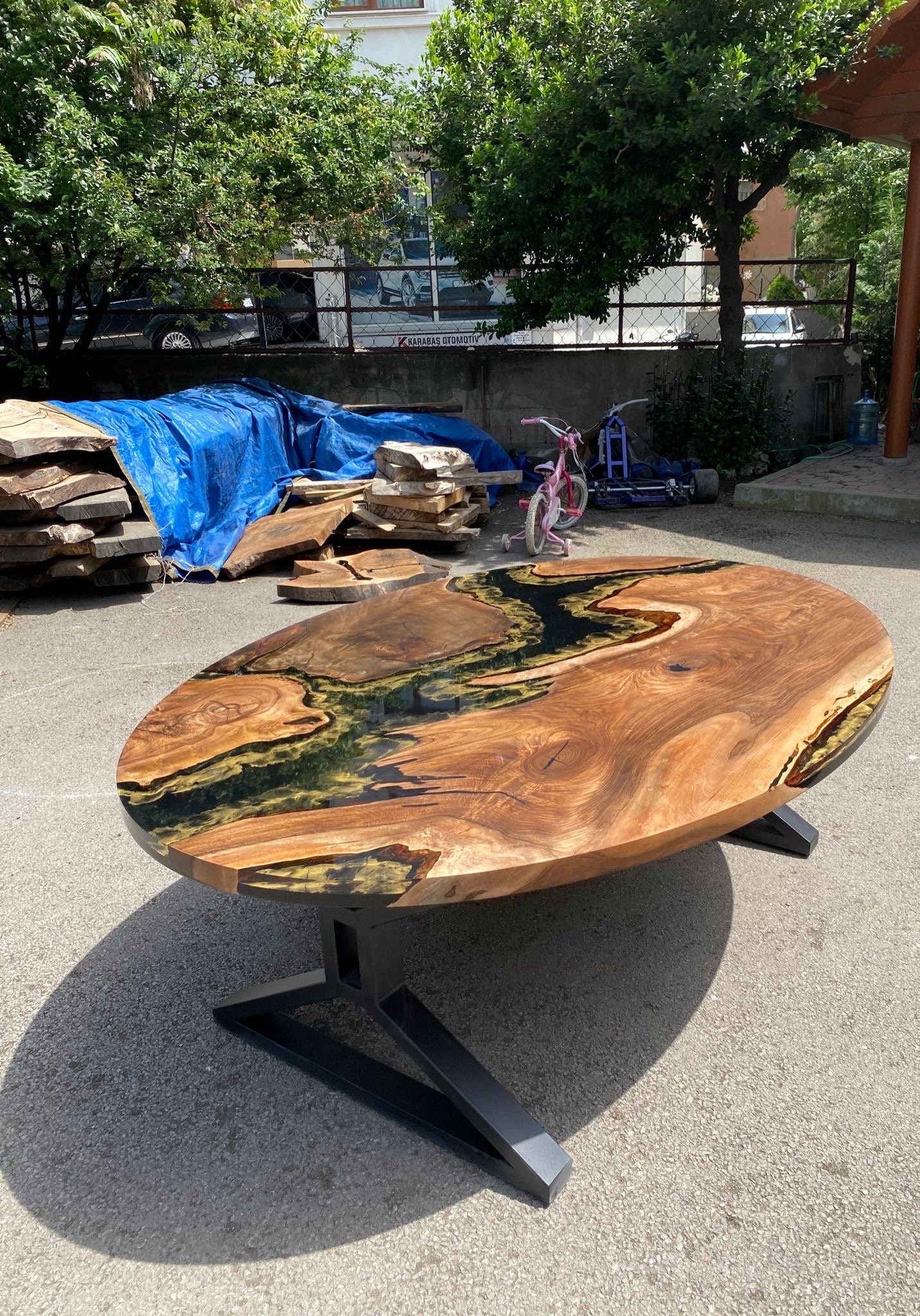 Custom 84” x 58" Walnut Wood Black and Gold Epoxy Table, Walnut Black Oval Epoxy Table, Epoxy Resin Table, Made to Order for Jacob