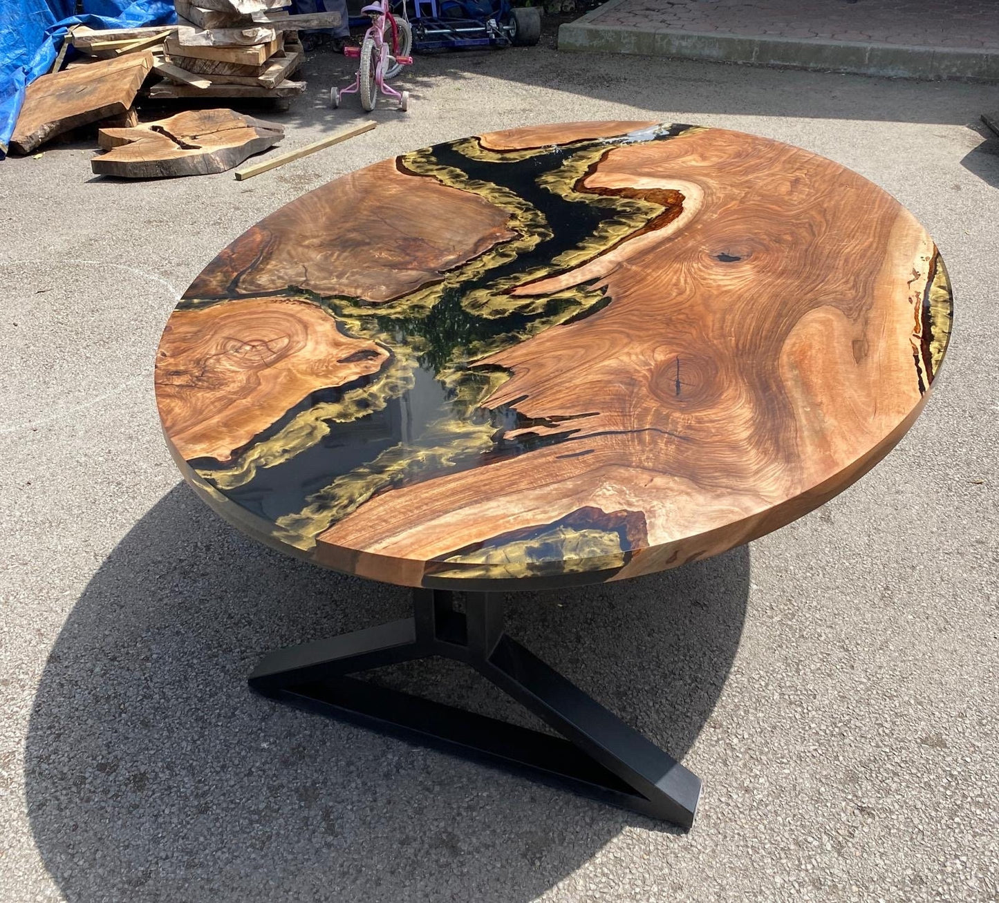 Custom 84” x 58" Walnut Wood Black and Gold Epoxy Table, Walnut Black Oval Epoxy Table, Epoxy Resin Table, Made to Order for Jacob