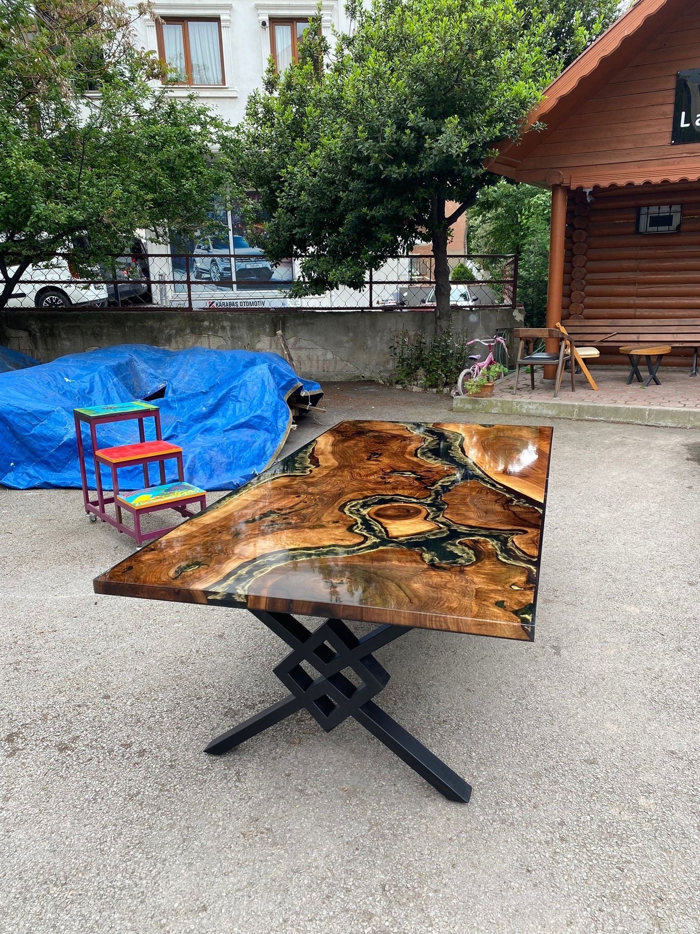 Gold Epoxy Table, Custom 96” x 48" Walnut Black Epoxy Shiny Table, Gold Leaf River Table, Gold Epoxy Dining Table, Custom Order for Cassie1