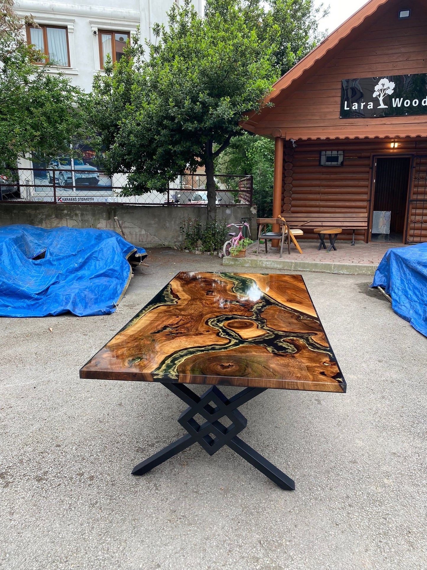 Gold Epoxy Table, Custom 96” x 48" Walnut Black Epoxy Shiny Table, Gold Leaf River Table, Gold Epoxy Dining Table, Custom Order for Cassie1