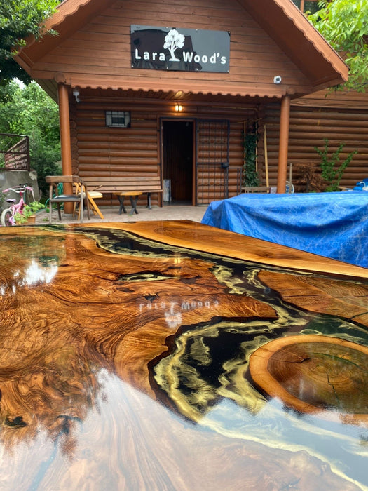 Gold Epoxy Table, Custom 96” x 48" Walnut Black Epoxy Shiny Table, Gold Leaf River Table, Gold Epoxy Dining Table, Custom Order for Cassie1