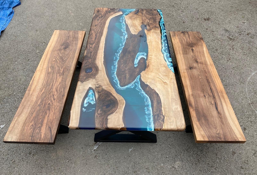 Epoxy Resin Table, Live Edge Table, Custom 72” x 36” Walnut Wood Blue and Teal, Turquoise, White Waves Epoxy Table order for Sharri