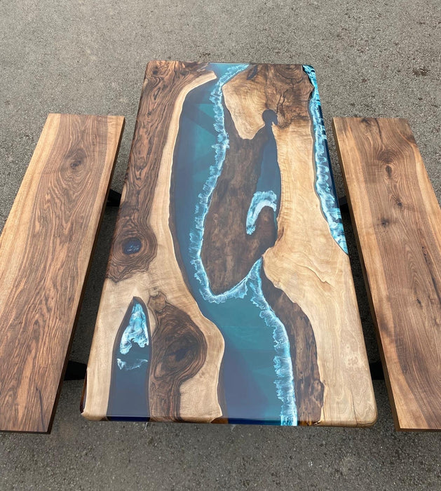 Epoxy Resin Table, Live Edge Table, Custom 72” x 36” Walnut Wood Blue and Teal, Turquoise, White Waves Epoxy Table order for Sharri