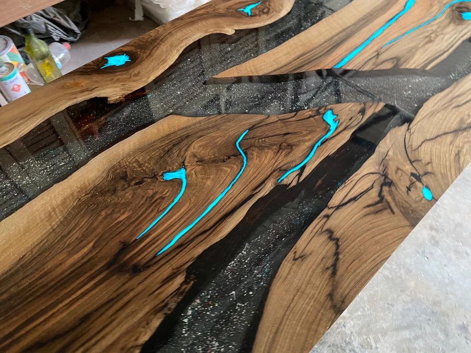 Glowing River Table, Custom 65” x 28” Walnut Smokey Gray Space Theme Table, Phosphorus Epoxy River Glowing Table Order for Sagar