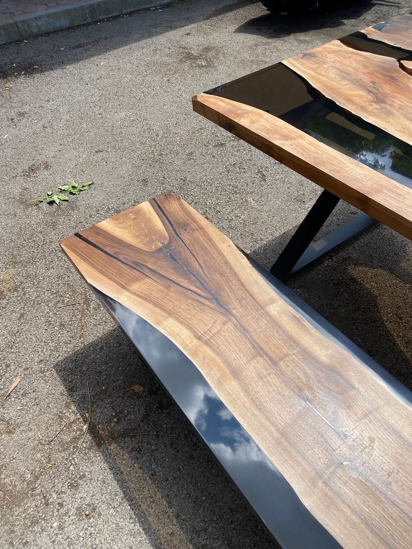 Walnut Epoxy Dining Bench, Custom 79” x 17” Walnut Smokey Gray Table, Epoxy Resin Bench, Live Edge Table Bench, Order for Rachel Barbie