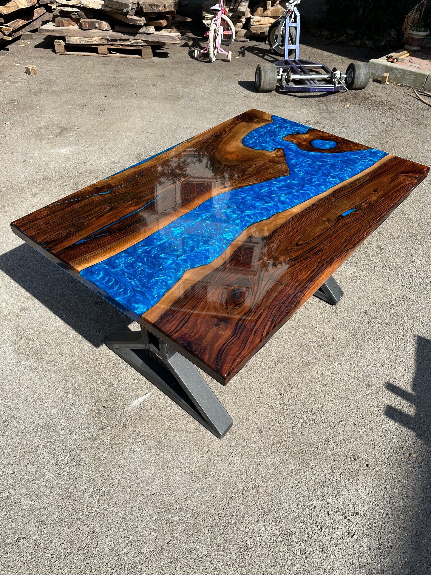 Handmade Epoxy Table, Custom 54” x 36” Walnut Shiny Metallic Blue Table, Blue Epoxy River Table, Epoxy River Dining Table, Order for Rex