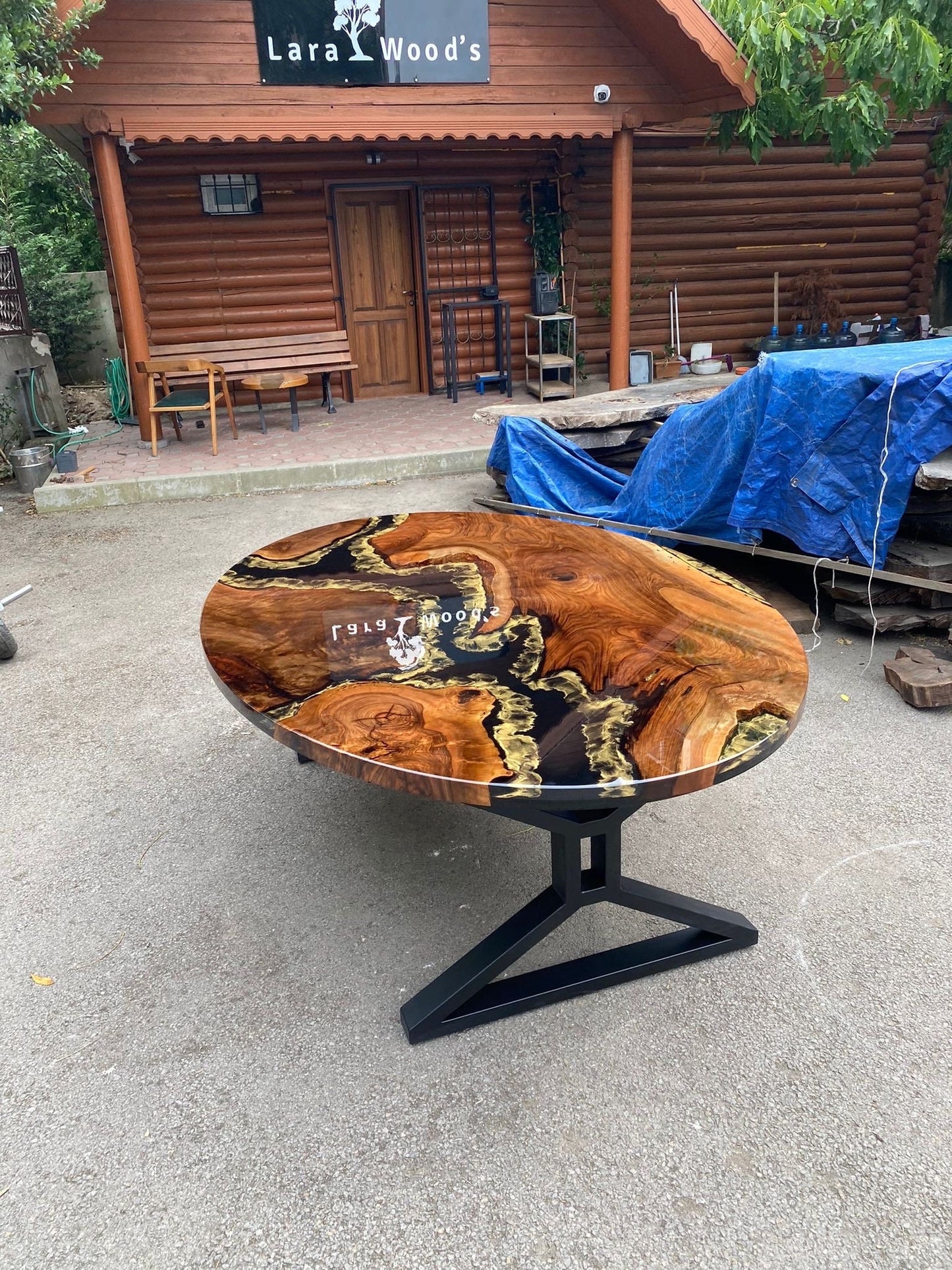 Custom 84” x 58" Walnut Wood Black and Gold Epoxy Table, Walnut Shiny Black Oval Epoxy Table, Epoxy Resin Table, Made to Order for Jacob2