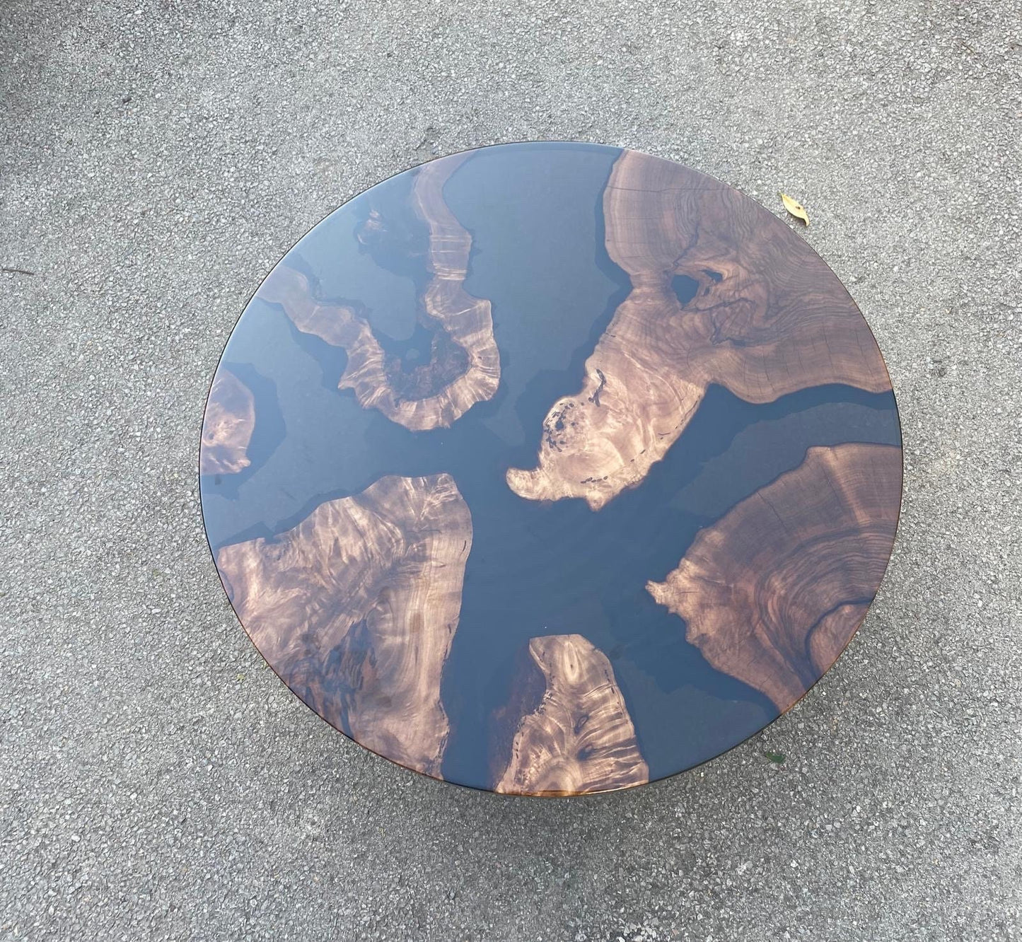 Custom 40” Diameter Round Walnut Wood Transparent Shiny Black Epoxy Table Order for Eran