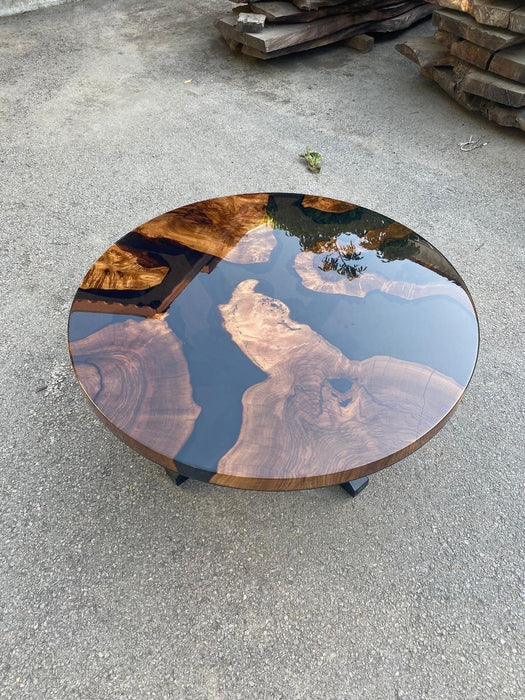 Custom 40” Diameter Round Walnut Wood Transparent Shiny Black Epoxy Table Order for Eran