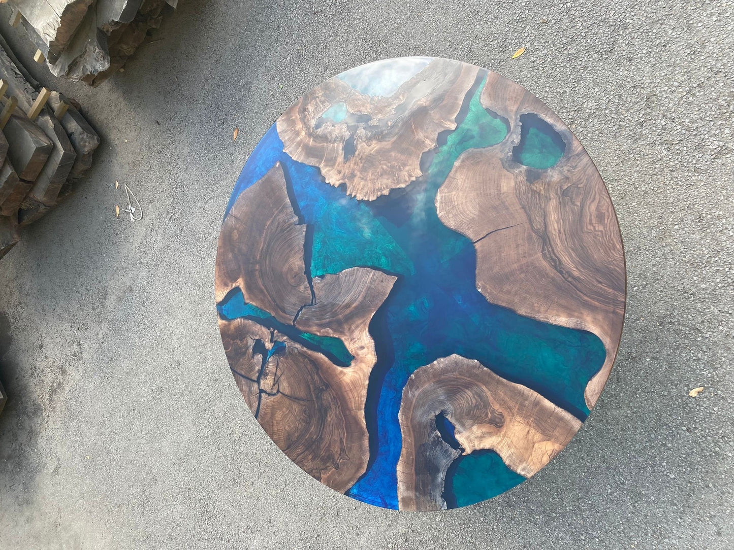 Round Dining Table, Custom 48” Round Walnut Blue Table, Turquoise, Green Epoxy Table, Epoxy Dining Table, Custom Order for Melodie