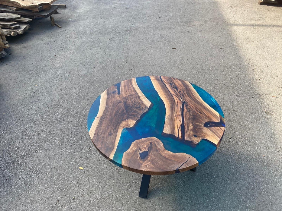 Round Dining Table, Custom 48” Round Walnut Blue Table, Turquoise, Green Epoxy Table, Epoxy Dining Table, Custom Order for Melodie