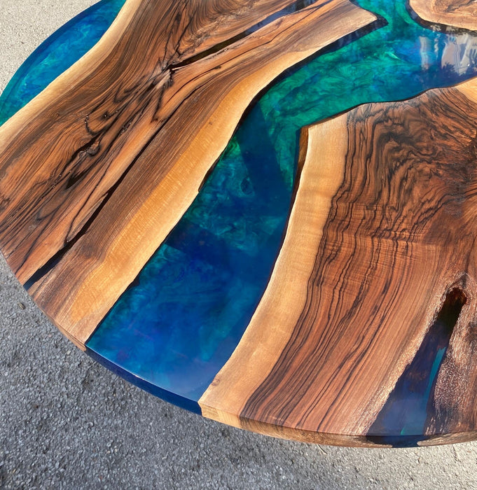 Epoxy Dining Table, Epoxy Resin Dining Table, Custom 50” Diameter Round Walnut Blue, Green, Turquoise Epoxy Table Order for Ann Ricks